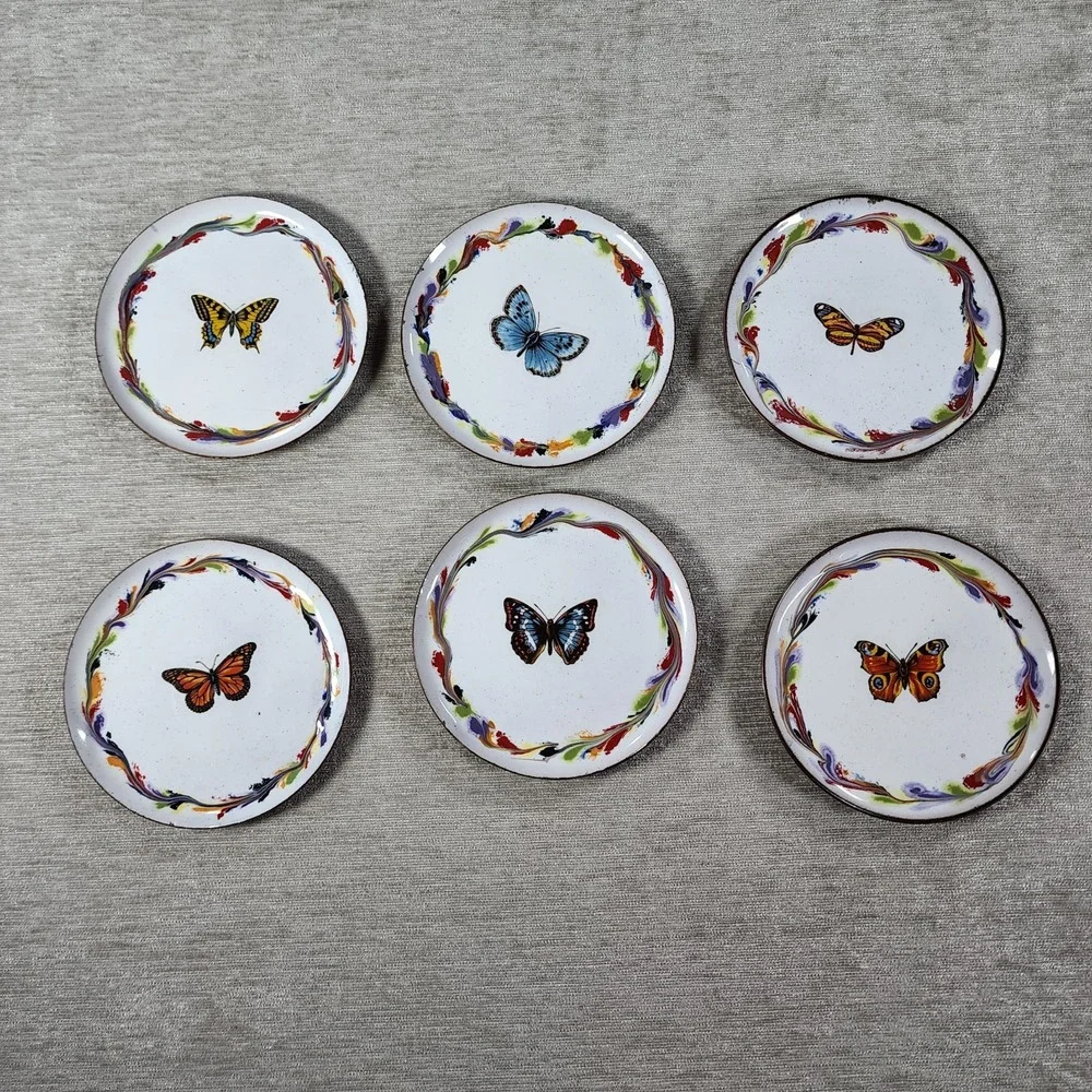 Vintage Brass and Enamel Butterfly Coaster Set Of 6 Cottagecore Boho Decor